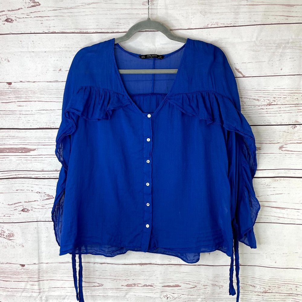 Zara Royal Blue Button-Front Ruffle Blouse